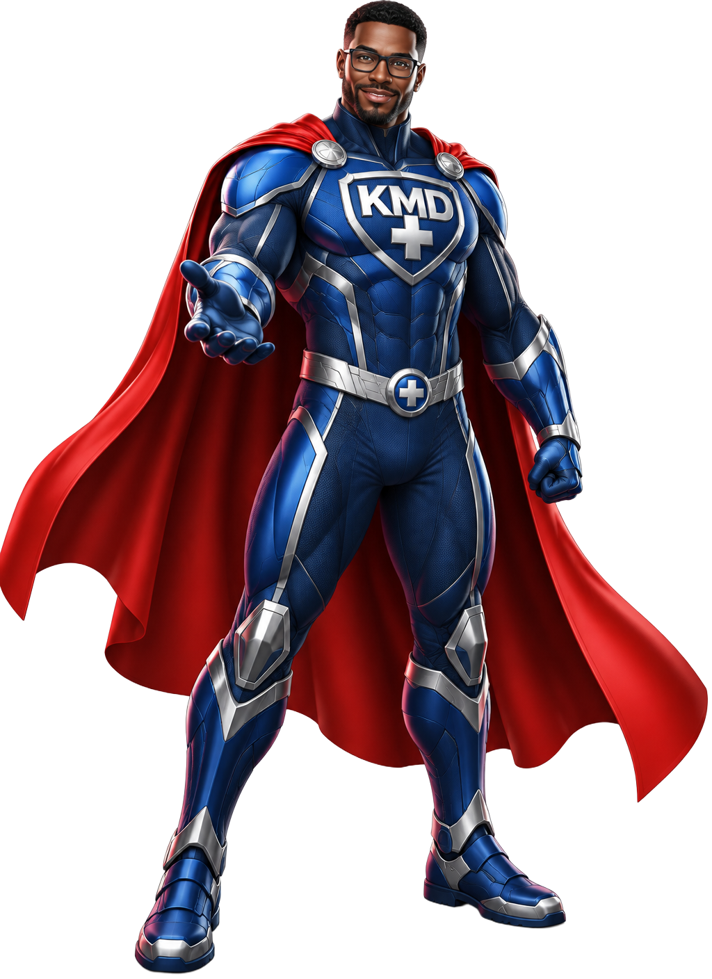 KMD Super Support hero wearing glasses, blue armor, and a red cape